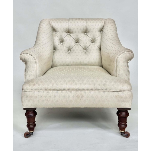 139 - ARMCHAIR, Victorian woven ecru cotton upholstered with deep button back and turned supports, 71cm H ... 