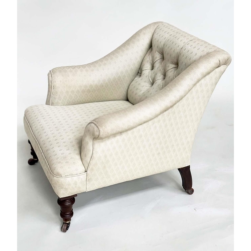 139 - ARMCHAIR, Victorian woven ecru cotton upholstered with deep button back and turned supports, 71cm H ... 