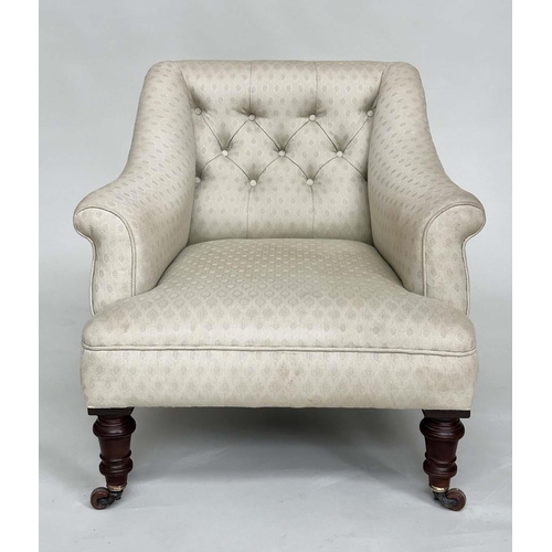 139 - ARMCHAIR, Victorian woven ecru cotton upholstered with deep button back and turned supports, 71cm H ... 