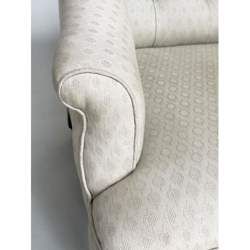 139 - ARMCHAIR, Victorian woven ecru cotton upholstered with deep button back and turned supports, 71cm H ... 