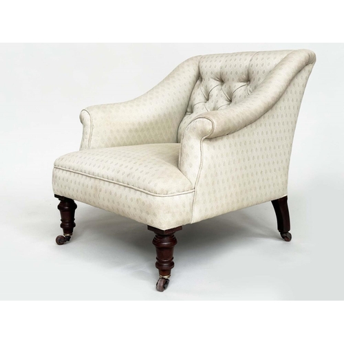 139 - ARMCHAIR, Victorian woven ecru cotton upholstered with deep button back and turned supports, 71cm H ... 