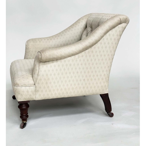 139 - ARMCHAIR, Victorian woven ecru cotton upholstered with deep button back and turned supports, 71cm H ... 