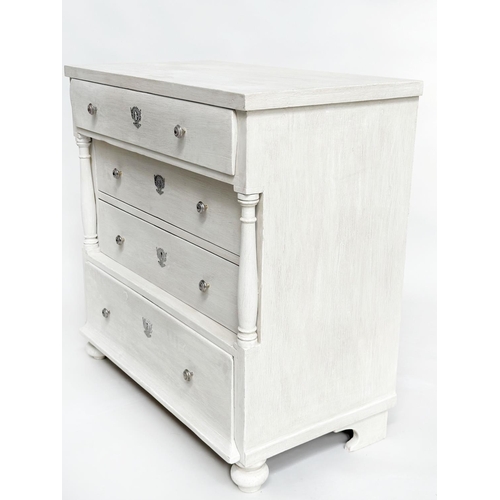 140 - COMMODE, 19th century Danish grey painted and silvered metal with four long drawers and pillars on t... 