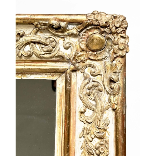 141 - WALL MIRROR, rectangular 19th century French giltwood and gesso parcel gilt with raised foliate gilt... 