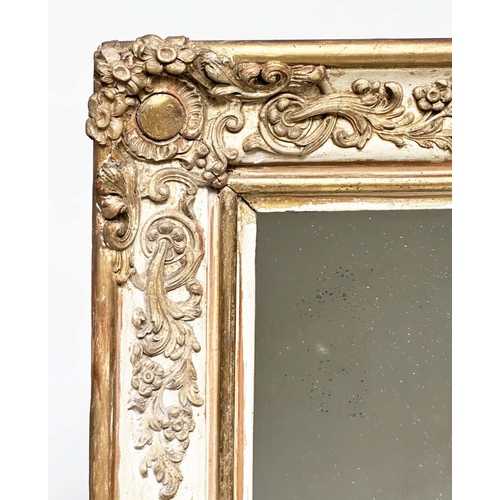 141 - WALL MIRROR, rectangular 19th century French giltwood and gesso parcel gilt with raised foliate gilt... 