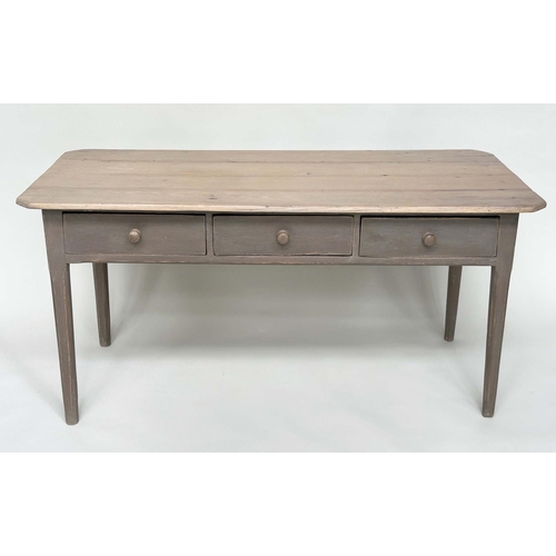 145 - KITCHEN TABLE, vintage pine rectangular slatted with three frieze drawers, 150cm x 66cm x 72cm H.