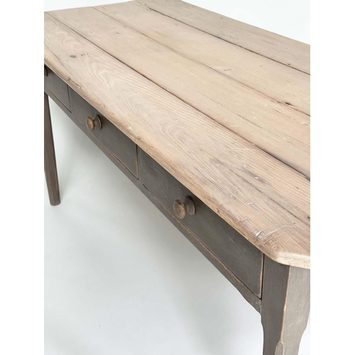 145 - KITCHEN TABLE, vintage pine rectangular slatted with three frieze drawers, 150cm x 66cm x 72cm H.