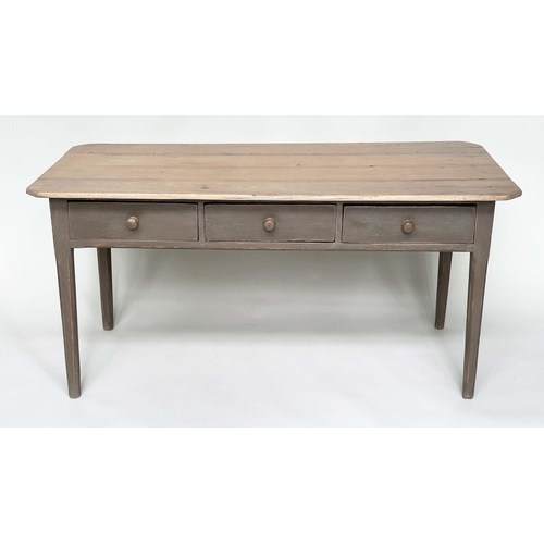 145 - KITCHEN TABLE, vintage pine rectangular slatted with three frieze drawers, 150cm x 66cm x 72cm H.