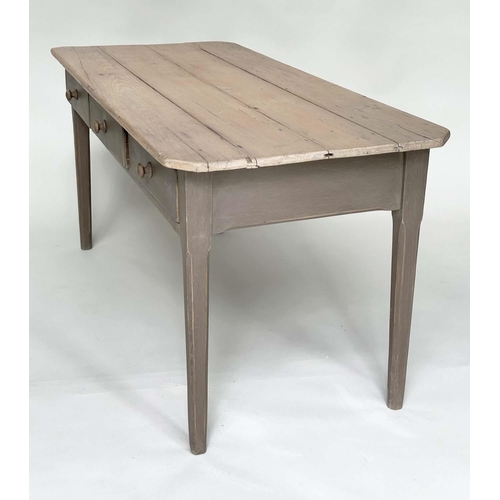 145 - KITCHEN TABLE, vintage pine rectangular slatted with three frieze drawers, 150cm x 66cm x 72cm H.