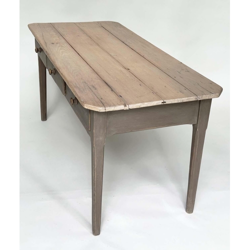 145 - KITCHEN TABLE, vintage pine rectangular slatted with three frieze drawers, 150cm x 66cm x 72cm H.