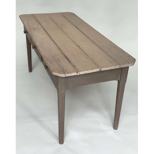 145 - KITCHEN TABLE, vintage pine rectangular slatted with three frieze drawers, 150cm x 66cm x 72cm H.