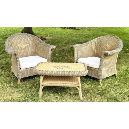 147 - GARDEN/CONSERVATORY TERRACE ARMCHAIRS, a pair, vintage mid century two tone rattan framed and cane w... 