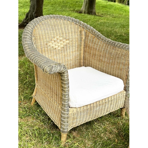 147 - GARDEN/CONSERVATORY TERRACE ARMCHAIRS, a pair, vintage mid century two tone rattan framed and cane w... 