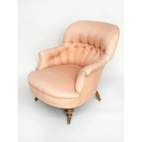 149 - ARMCHAIR, Victorian walnut with arched buttoned back silk trimmed apricot upholstery with turned flu... 