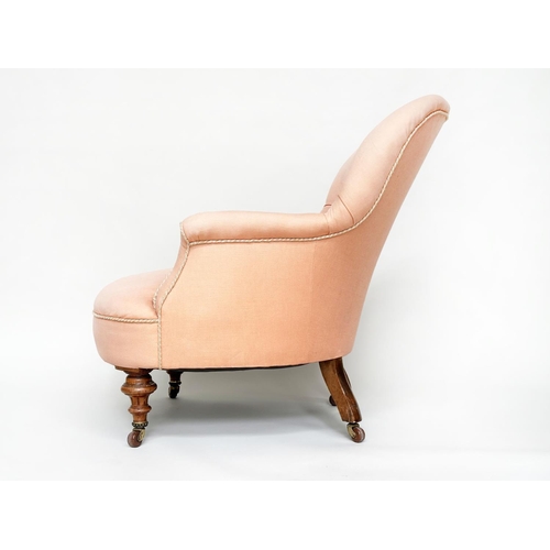 149 - ARMCHAIR, Victorian walnut with arched buttoned back silk trimmed apricot upholstery with turned flu... 