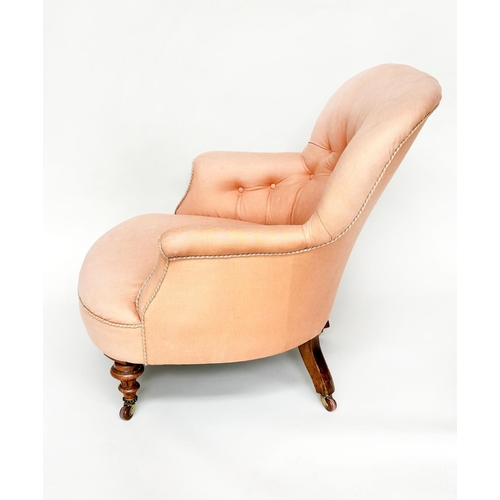 149 - ARMCHAIR, Victorian walnut with arched buttoned back silk trimmed apricot upholstery with turned flu... 