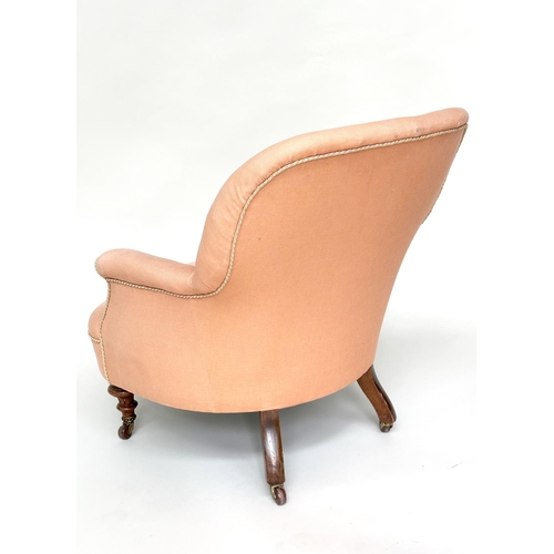 149 - ARMCHAIR, Victorian walnut with arched buttoned back silk trimmed apricot upholstery with turned flu... 