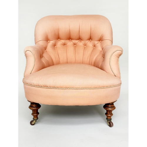 149 - ARMCHAIR, Victorian walnut with arched buttoned back silk trimmed apricot upholstery with turned flu... 