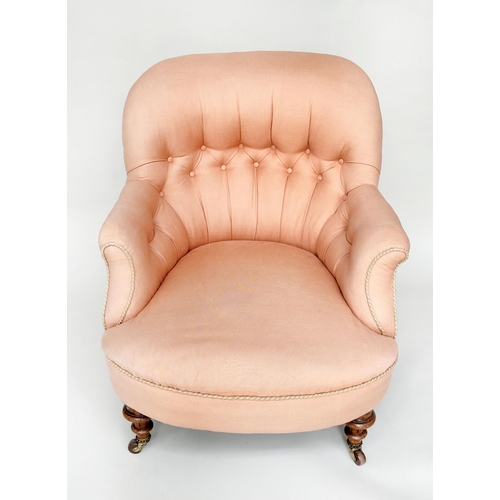 149 - ARMCHAIR, Victorian walnut with arched buttoned back silk trimmed apricot upholstery with turned flu... 