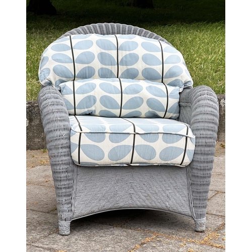 154 - CONSERVATORY/TERRACE ARMCHAIR, vintage rattan framed and pale blue painted cane woven with Orla Kiel... 