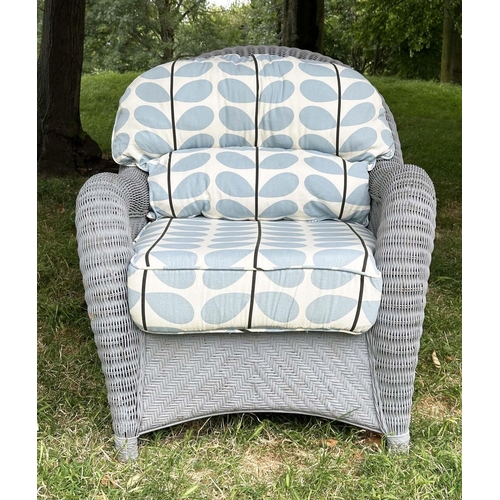 154 - CONSERVATORY/TERRACE ARMCHAIR, vintage rattan framed and pale blue painted cane woven with Orla Kiel... 