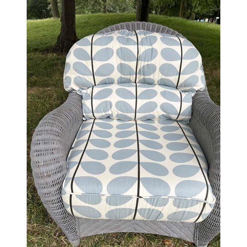 154 - CONSERVATORY/TERRACE ARMCHAIR, vintage rattan framed and pale blue painted cane woven with Orla Kiel... 