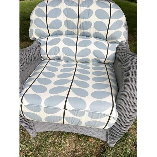 154 - CONSERVATORY/TERRACE ARMCHAIR, vintage rattan framed and pale blue painted cane woven with Orla Kiel... 