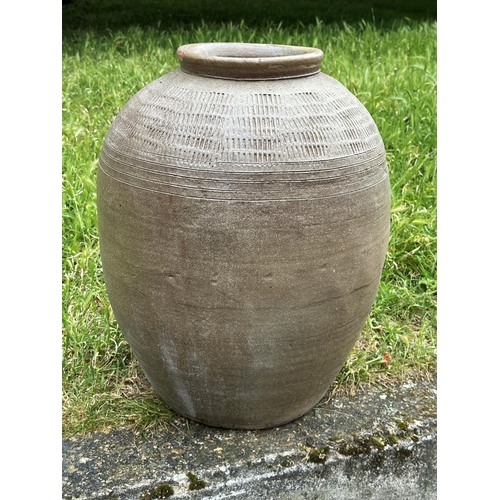 158 - GARDEN URN, glazed terracotta with impressed marks under rim, 60cm H x 44cm W.