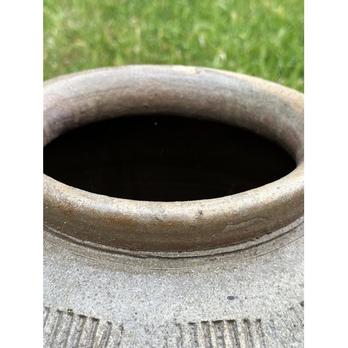 158 - GARDEN URN, glazed terracotta with impressed marks under rim, 60cm H x 44cm W.