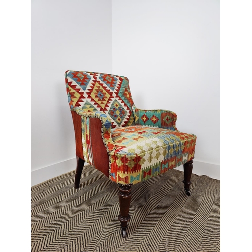 159 - ARMCHAIR, 19th century beechwood in kilim and corduroy with front castors, 87cm H x 66cm x 74cm.