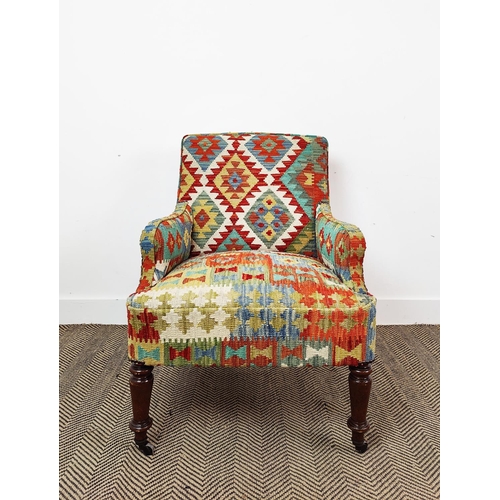 159 - ARMCHAIR, 19th century beechwood in kilim and corduroy with front castors, 87cm H x 66cm x 74cm.