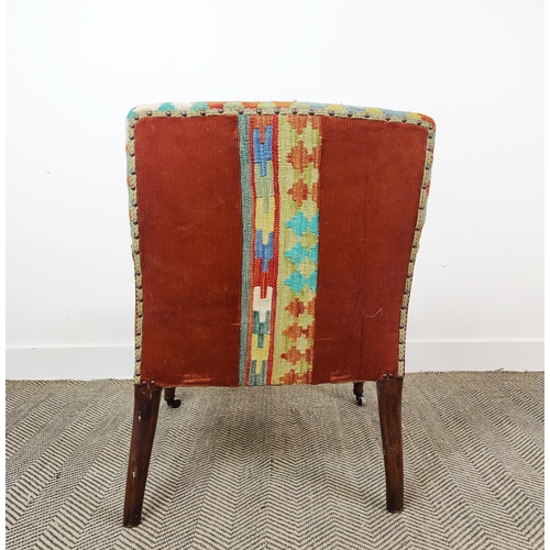 159 - ARMCHAIR, 19th century beechwood in kilim and corduroy with front castors, 87cm H x 66cm x 74cm.