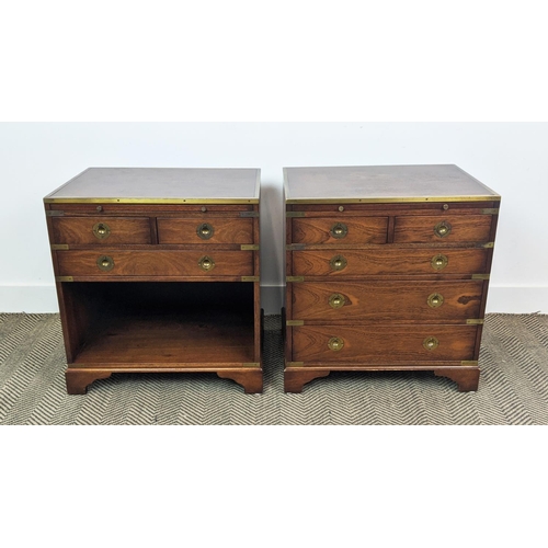 160 - CAMPAIGN STYLE CHESTS, a matched pair, brass bound, both with green leather slides, one with five dr... 