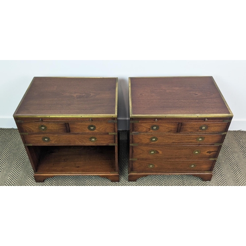 160 - CAMPAIGN STYLE CHESTS, a matched pair, brass bound, both with green leather slides, one with five dr... 