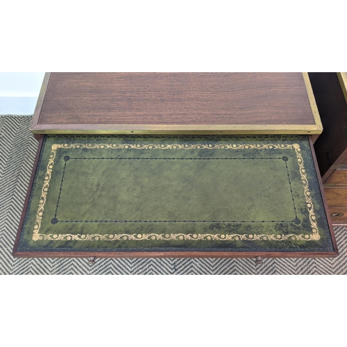 160 - CAMPAIGN STYLE CHESTS, a matched pair, brass bound, both with green leather slides, one with five dr... 