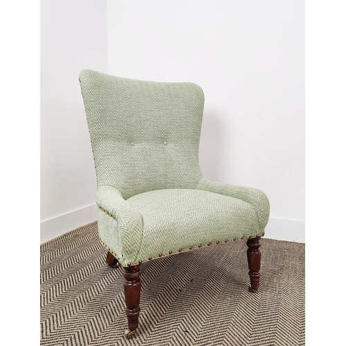 161 - SLIPPER CHAIR, Victorian style in green herringbone fabric on brass castors, 89cm H x 61cm x 71cm.