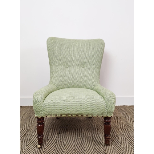 161 - SLIPPER CHAIR, Victorian style in green herringbone fabric on brass castors, 89cm H x 61cm x 71cm.