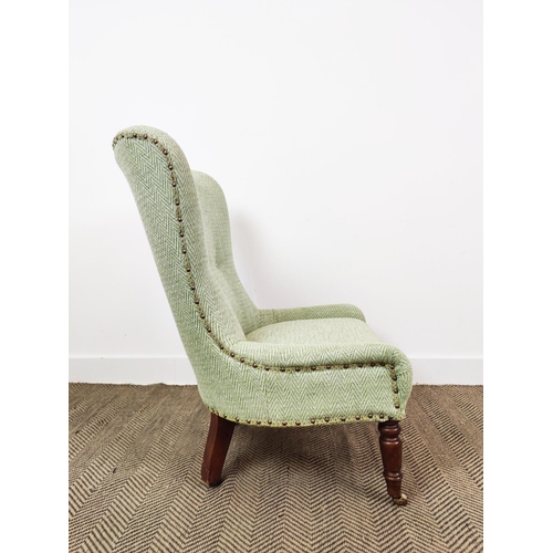 161 - SLIPPER CHAIR, Victorian style in green herringbone fabric on brass castors, 89cm H x 61cm x 71cm.