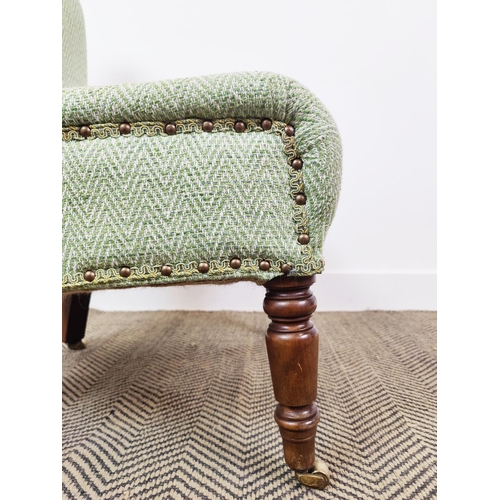 161 - SLIPPER CHAIR, Victorian style in green herringbone fabric on brass castors, 89cm H x 61cm x 71cm.