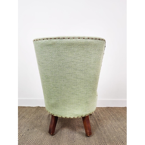 161 - SLIPPER CHAIR, Victorian style in green herringbone fabric on brass castors, 89cm H x 61cm x 71cm.