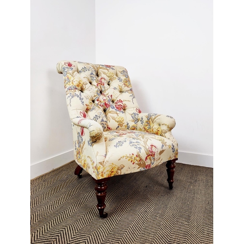 163 - BEAUMONT AND FLETCHER ARMCHAIR, cream and floral upholstery on brass castors, 98cm H x 68cm.