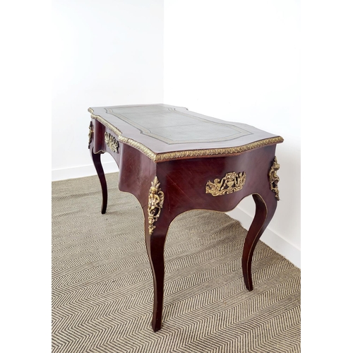 164 - BUREAU PLAT, Louis XV style with green leather top above three drawers, 87cm H x 128cm x 67cm.