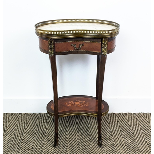 166 - OCCASIONAL TABLE, transitional style marquetry and brass mounted with kidney shaped marble top and s... 