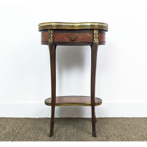 166 - OCCASIONAL TABLE, transitional style marquetry and brass mounted with kidney shaped marble top and s... 