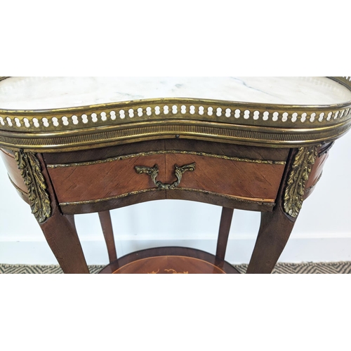 166 - OCCASIONAL TABLE, transitional style marquetry and brass mounted with kidney shaped marble top and s... 