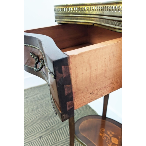 166 - OCCASIONAL TABLE, transitional style marquetry and brass mounted with kidney shaped marble top and s... 