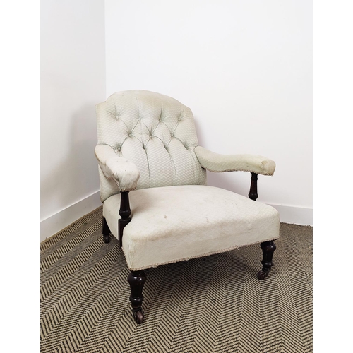 167 - ARMCHAIR, Victorian oak in white upholstery on ceramic castors, 85cm H x 77cm W x 92cm D.