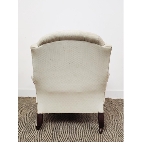 167 - ARMCHAIR, Victorian oak in white upholstery on ceramic castors, 85cm H x 77cm W x 92cm D.