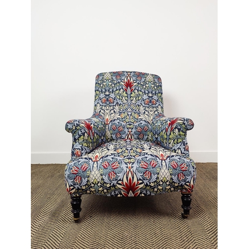 168 - BERGERE, Napoleon III ebonised in William Morris snakes head pattern upholstery on castors, 91cm H x... 