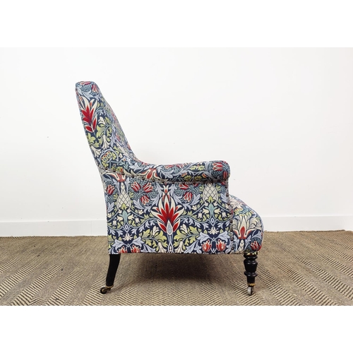 168 - BERGERE, Napoleon III ebonised in William Morris snakes head pattern upholstery on castors, 91cm H x... 